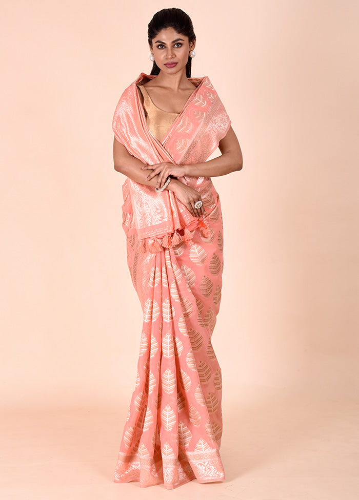 Peach Kora Silk Saree With Blouse Piece