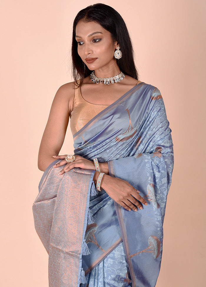 Blue Kora Silk Saree With Blouse Piece