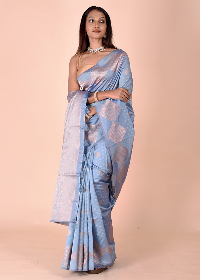 Blue Kora Silk Saree With Blouse Piece