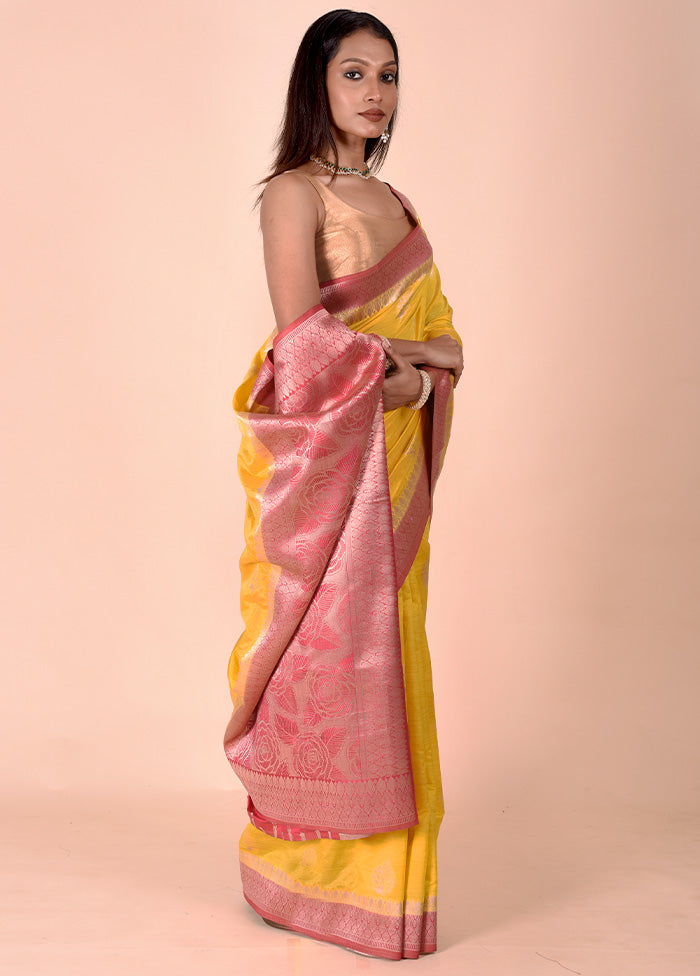 Yellow Dupion Silk Saree With Blouse Piece