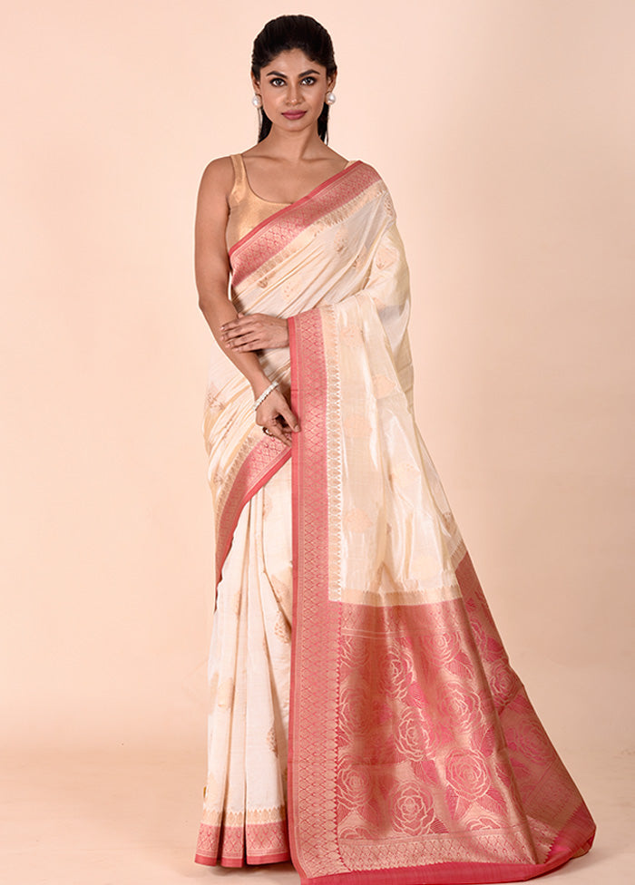 Cream Dupion Silk Saree With Blouse Piece