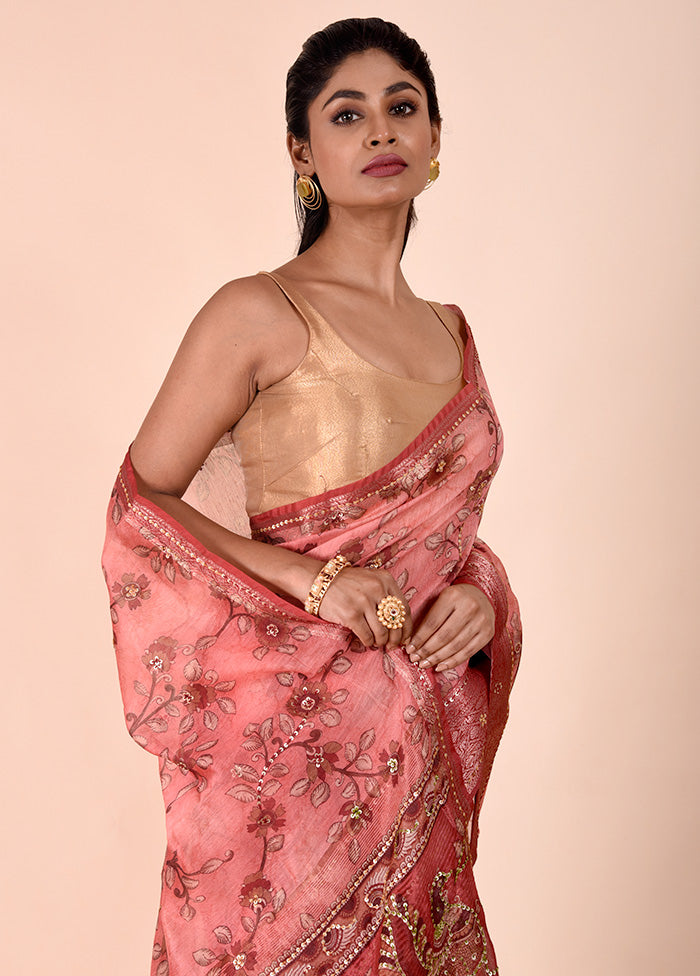 Pink Tussar Silk Saree With Blouse Piece