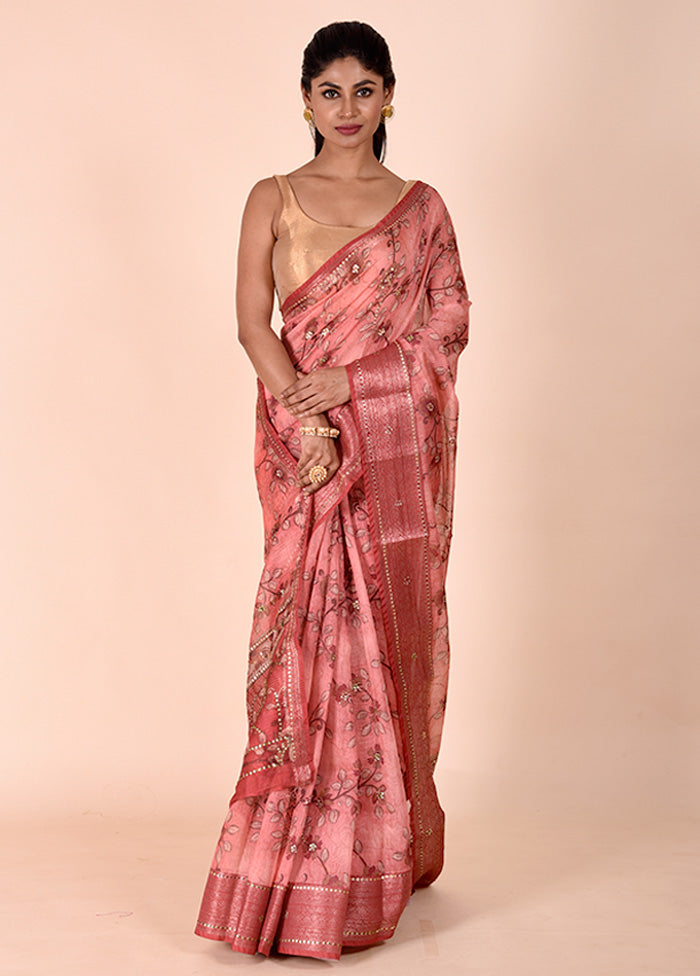 Pink Tussar Silk Saree With Blouse Piece