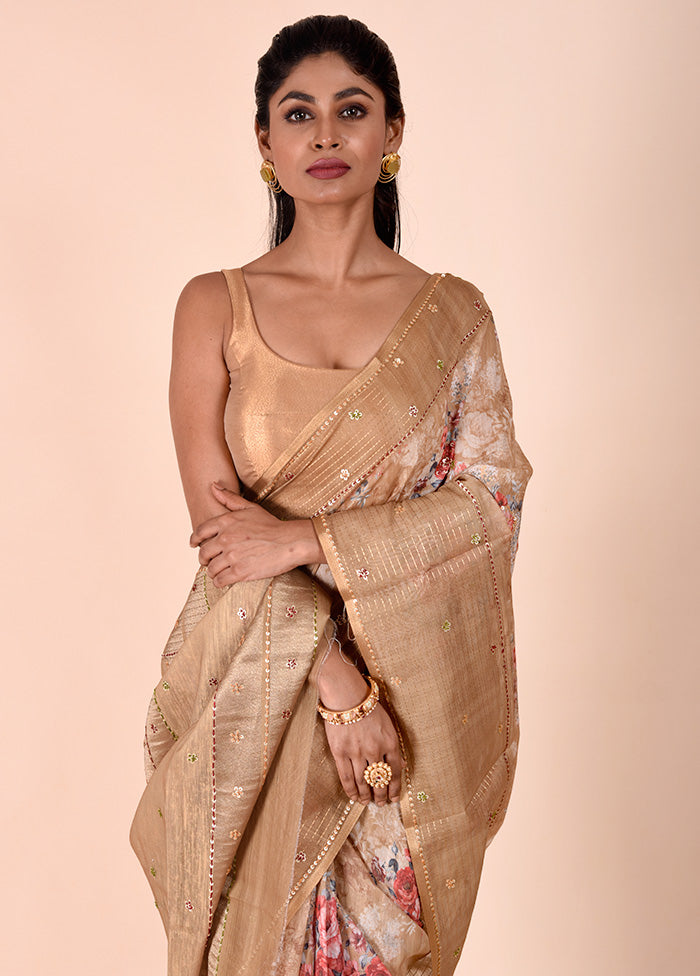 Beige Tussar Silk Saree With Blouse Piece