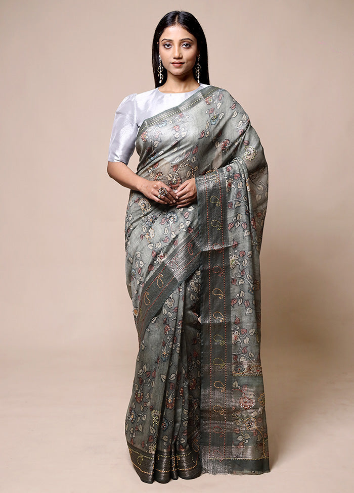 Grey Tussar Silk Saree With Blouse Piece