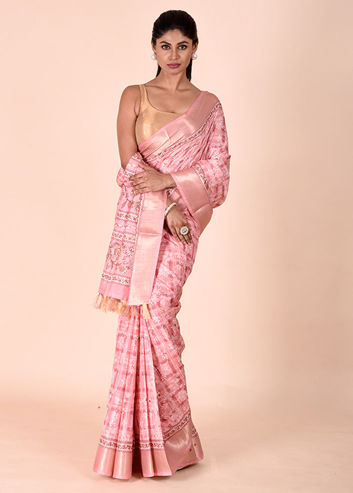 Pink Tussar Silk Saree With Blouse Piece