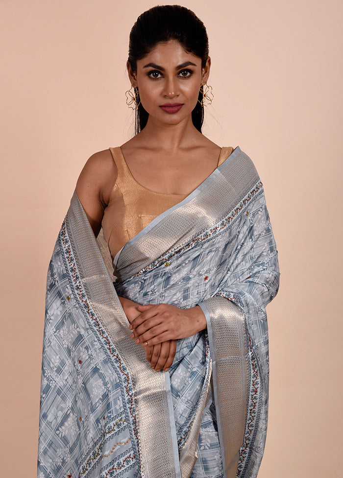 Blue Tussar Silk Saree With Blouse Piece