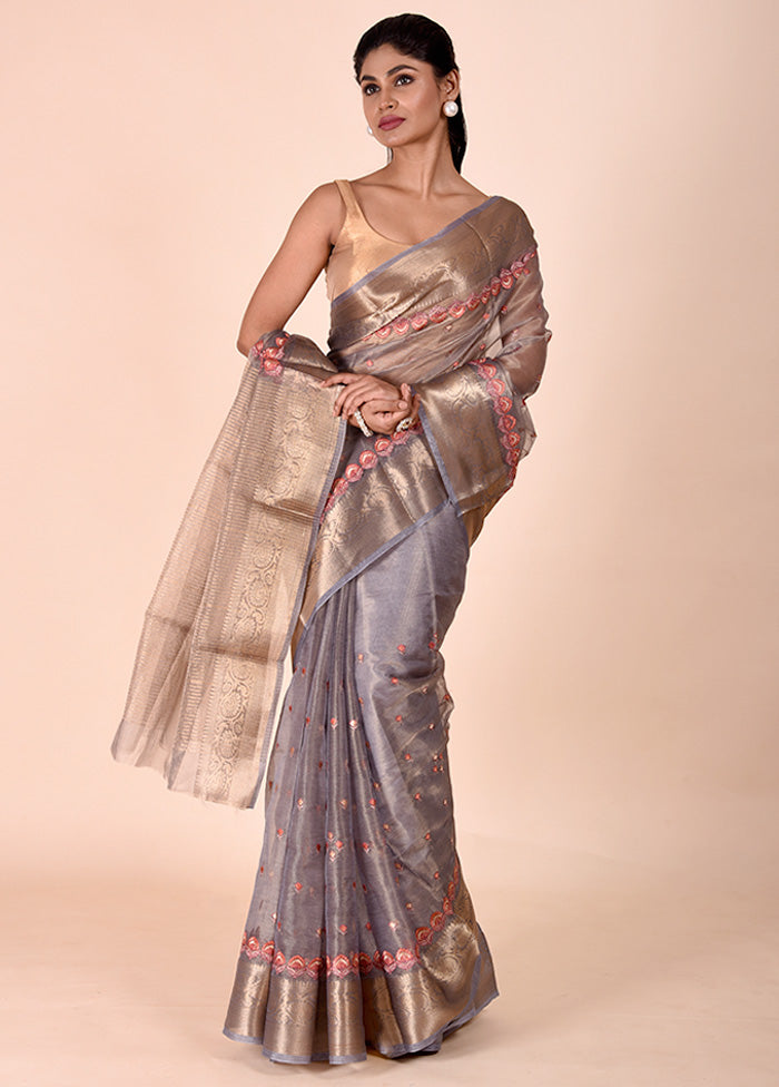 Grey Tissue Silk Saree With Blouse Piece