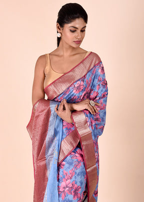 Blue Chanderi Cotton Saree With Blouse Piece