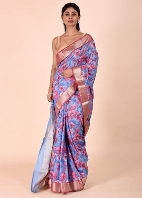 Blue Chanderi Cotton Saree With Blouse Piece