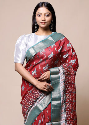 Red Chanderi Cotton Saree With Blouse Piece