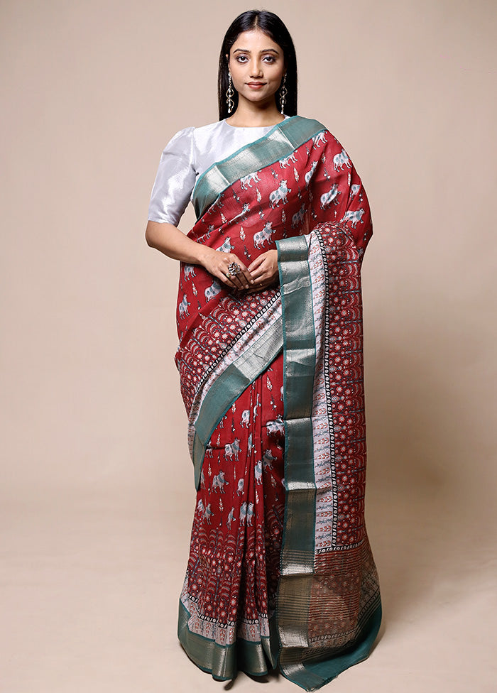 Red Chanderi Cotton Saree With Blouse Piece