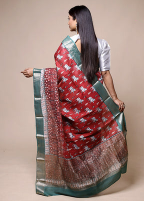 Red Chanderi Cotton Saree With Blouse Piece