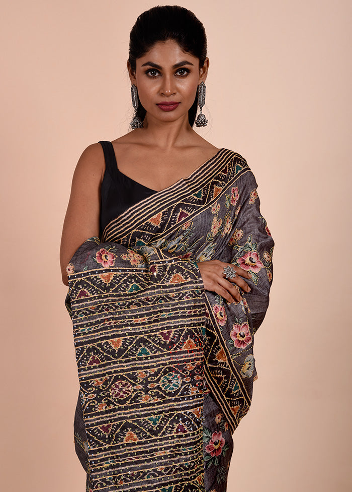 Grey Chanderi Cotton Saree With Blouse Piece