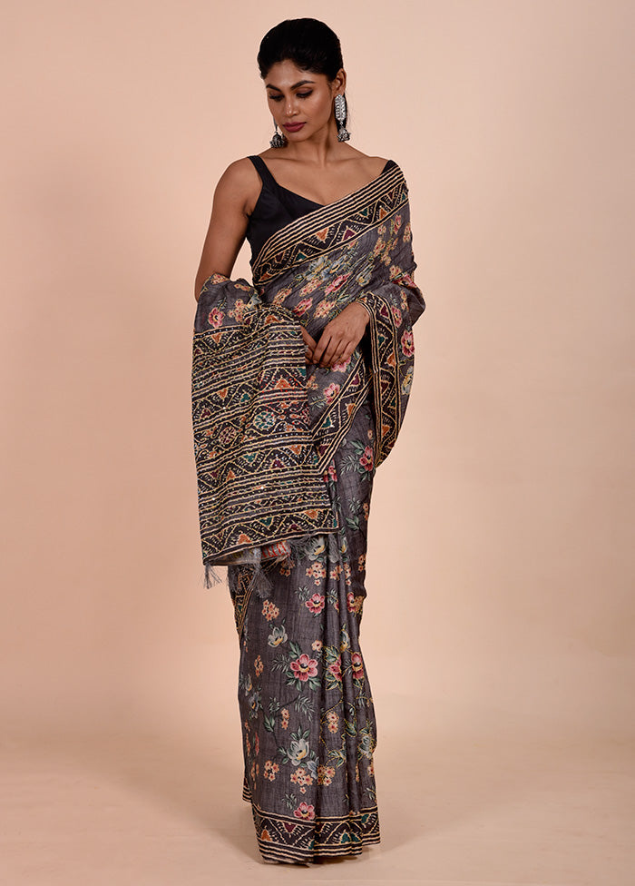 Grey Chanderi Cotton Saree With Blouse Piece