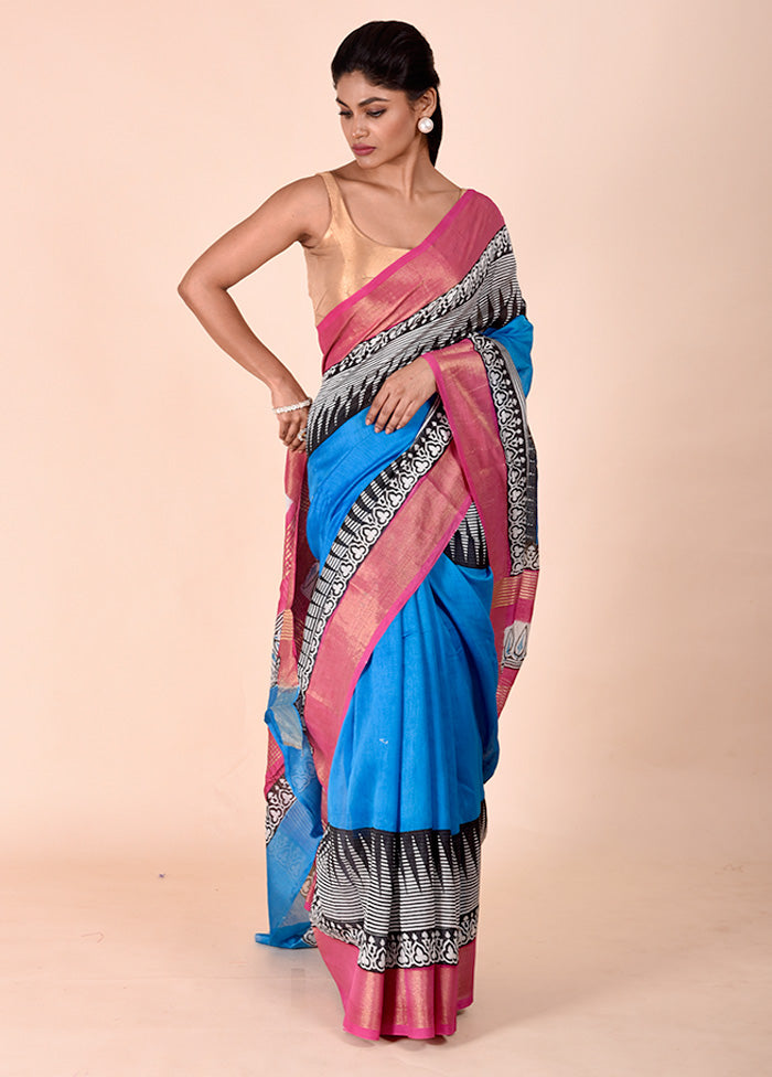 Blue Chanderi Cotton Saree With Blouse Piece