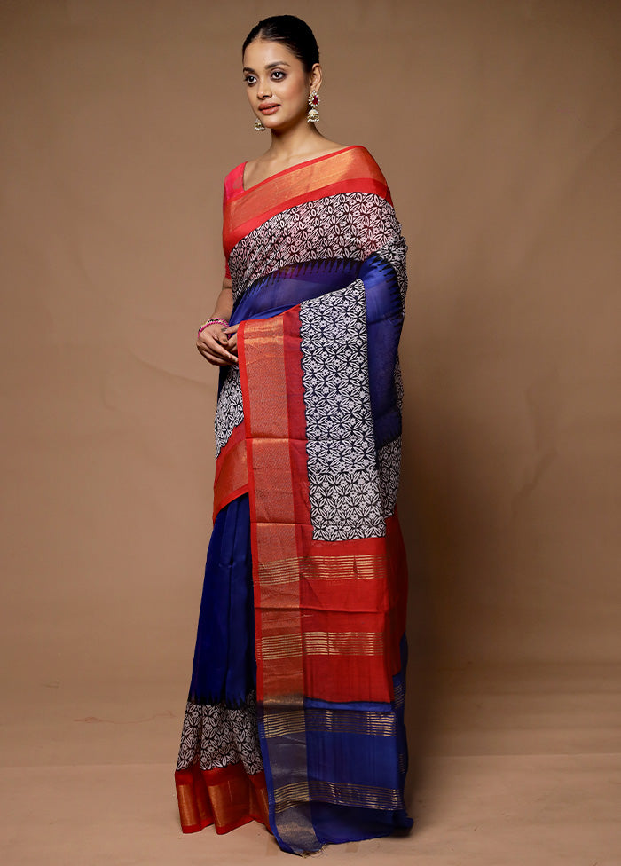 Blue Chanderi Cotton Saree With Blouse Piece