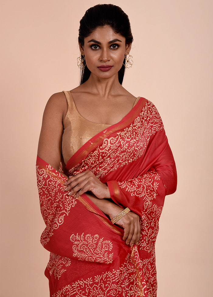 Red Chanderi Cotton Saree With Blouse Piece