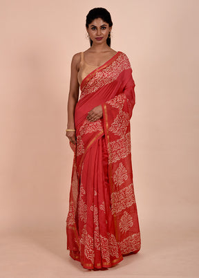 Red Chanderi Cotton Saree With Blouse Piece