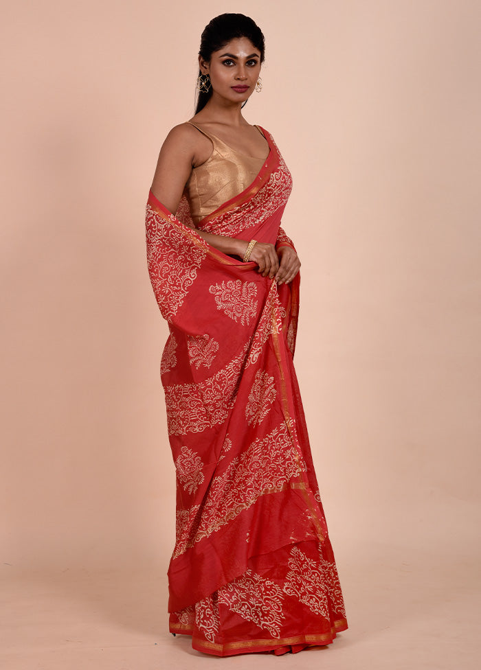 Red Chanderi Cotton Saree With Blouse Piece