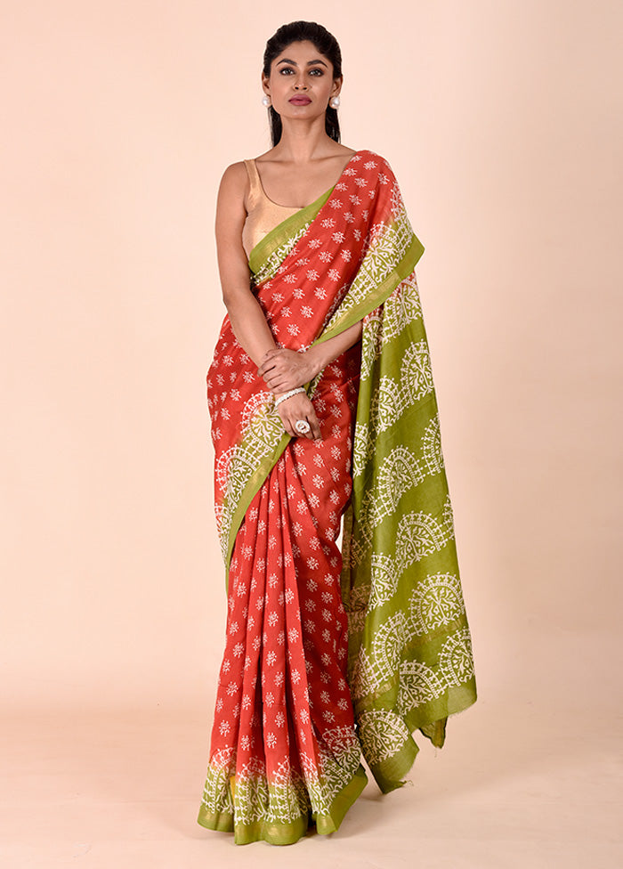 Orange Chanderi Cotton Saree With Blouse Piece