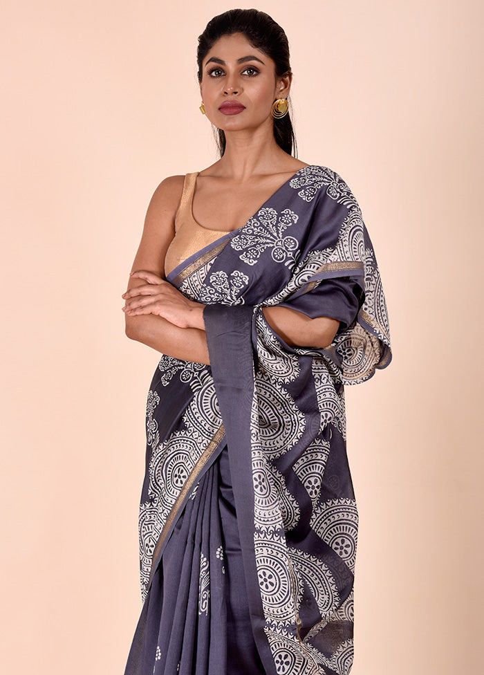 Grey Chanderi Cotton Saree With Blouse Piece