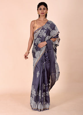 Grey Chanderi Cotton Saree With Blouse Piece