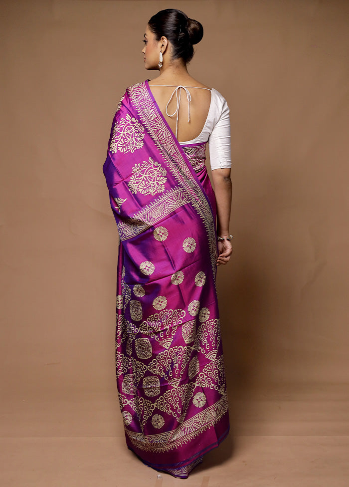 Purple Printed Pure Silk Saree Without Blouse Piece