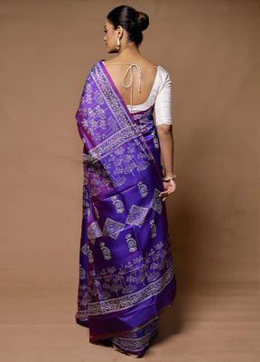 Purple Printed Pure Silk Saree Without Blouse Piece