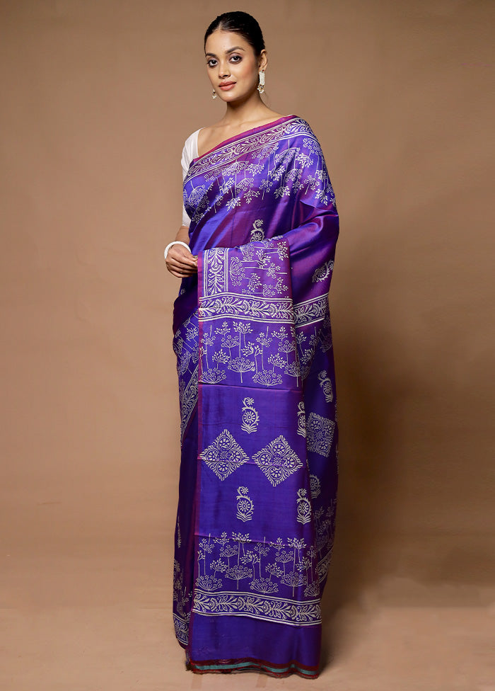 Purple Printed Pure Silk Saree Without Blouse Piece