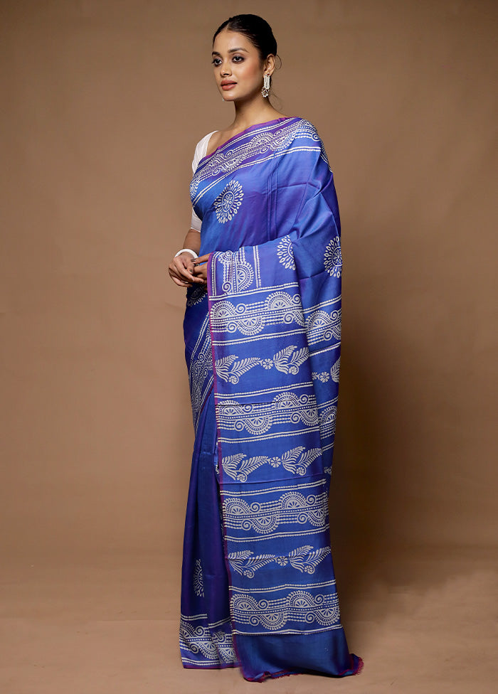 Blue Printed Pure Silk Saree Without Blouse Piece