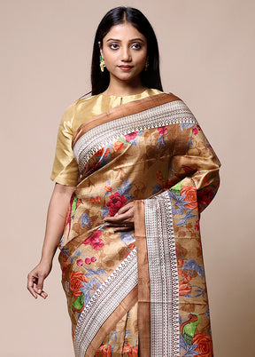 Beige Printed Pure Silk Saree Without Blouse Piece