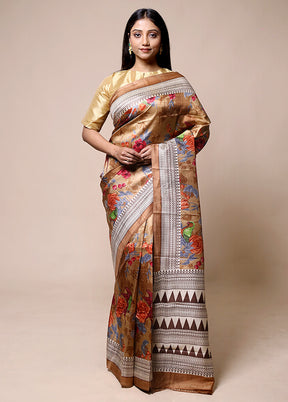 Beige Printed Pure Silk Saree Without Blouse Piece