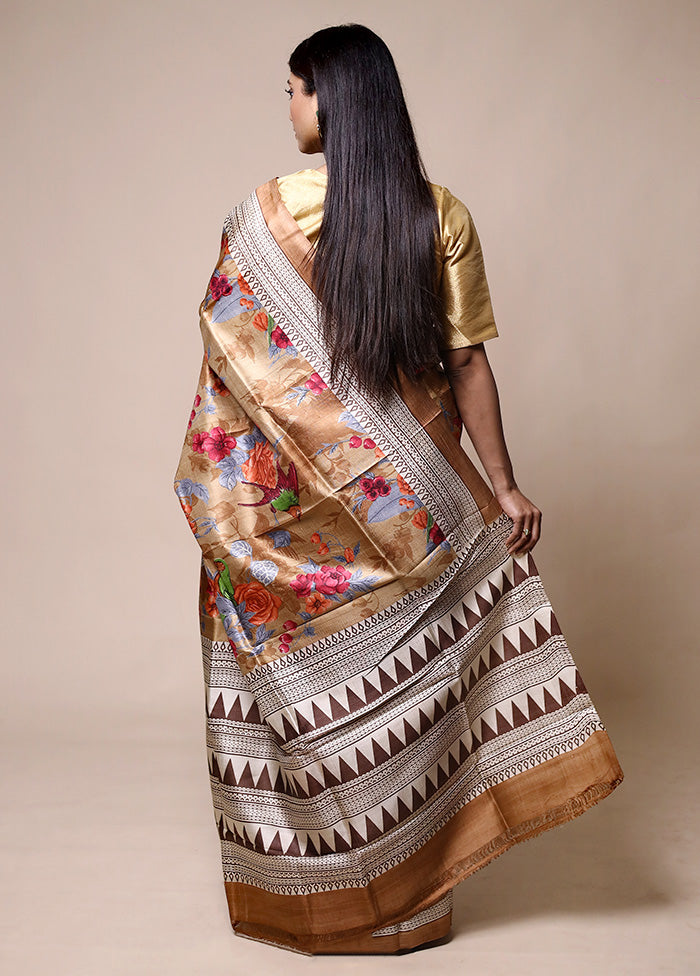 Beige Printed Pure Silk Saree Without Blouse Piece