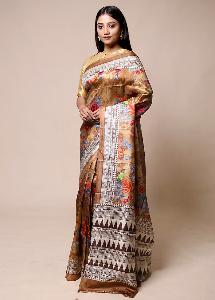 Beige Printed Pure Silk Saree Without Blouse Piece