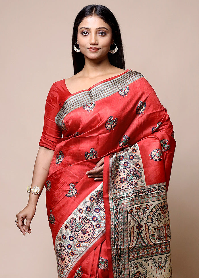 Red Printed Pure Silk Saree Without Blouse Piece