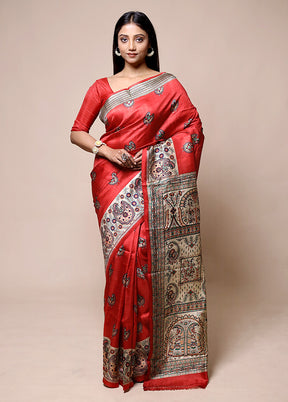 Red Printed Pure Silk Saree Without Blouse Piece