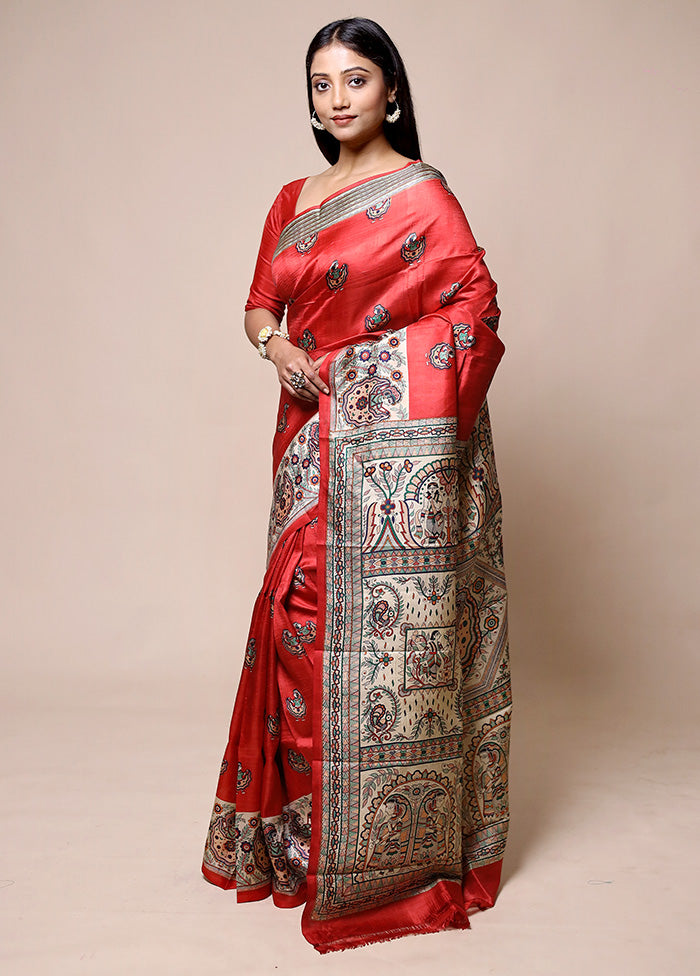 Red Printed Pure Silk Saree Without Blouse Piece