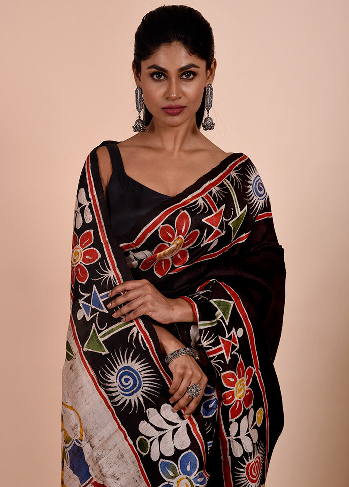 Black Printed Pure Silk Saree Without Blouse Piece