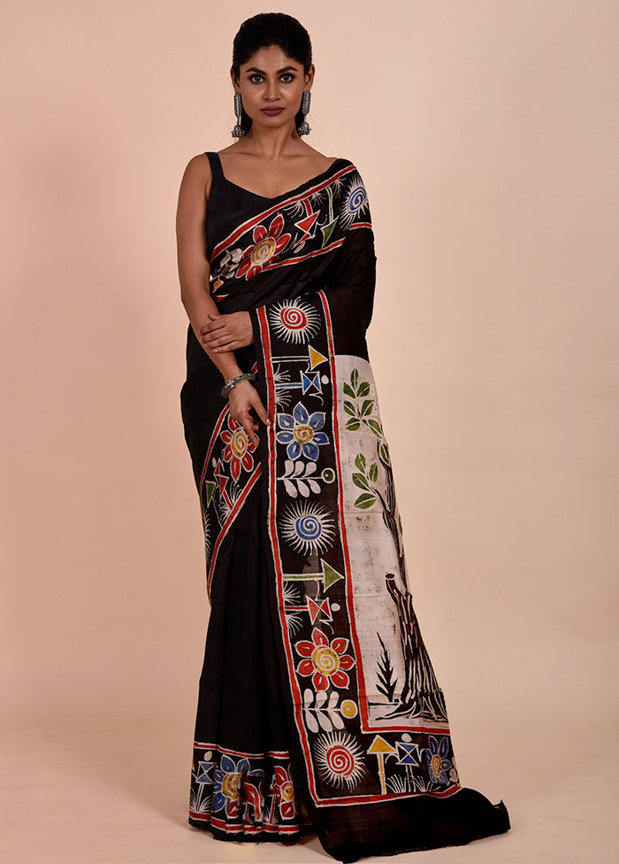 Black Printed Pure Silk Saree Without Blouse Piece