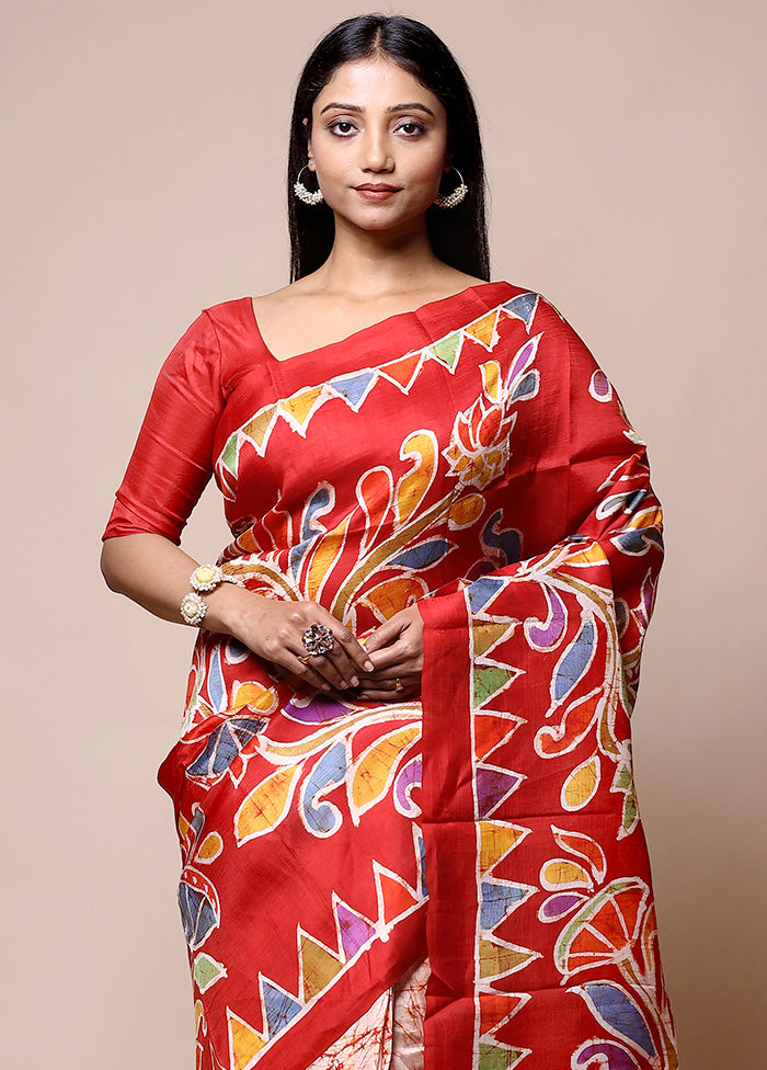 Rust Printed Pure Silk Saree Without Blouse Piece