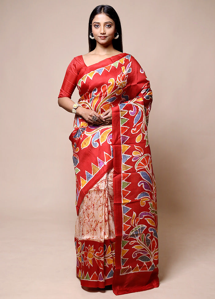 Rust Printed Pure Silk Saree Without Blouse Piece