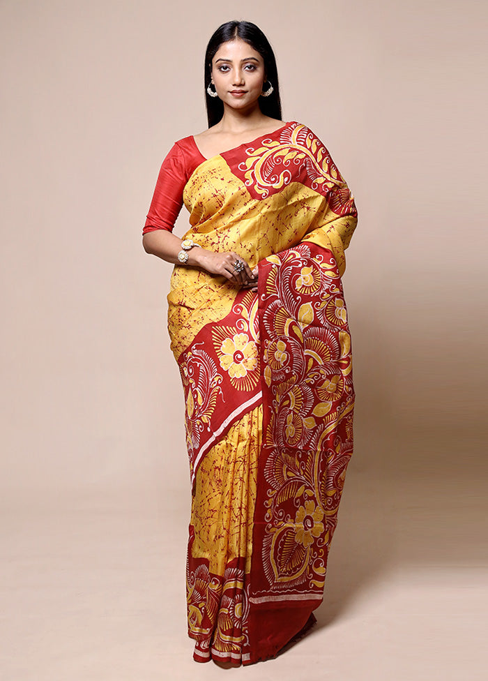 Yellow Printed Pure Silk Saree Without Blouse Piece