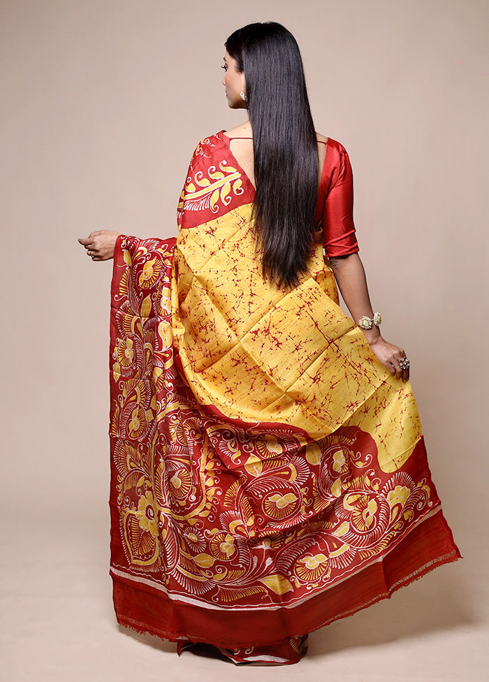 Yellow Printed Pure Silk Saree Without Blouse Piece