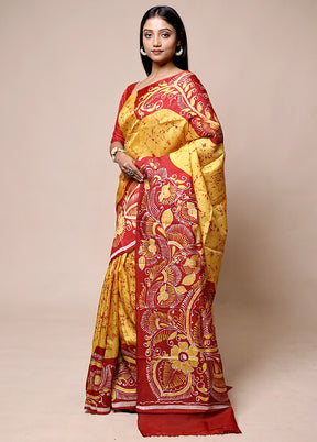 Yellow Printed Pure Silk Saree Without Blouse Piece