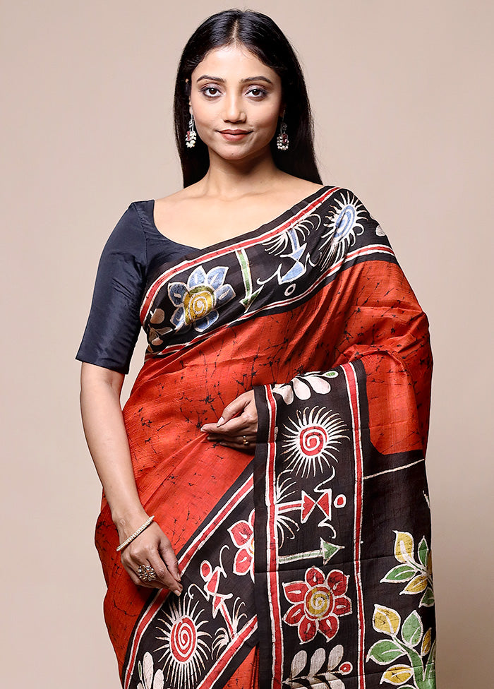 Rust Printed Pure Silk Saree Without Blouse Piece