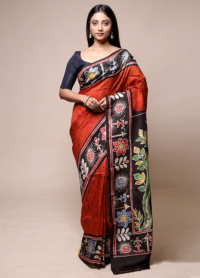 Rust Printed Pure Silk Saree Without Blouse Piece