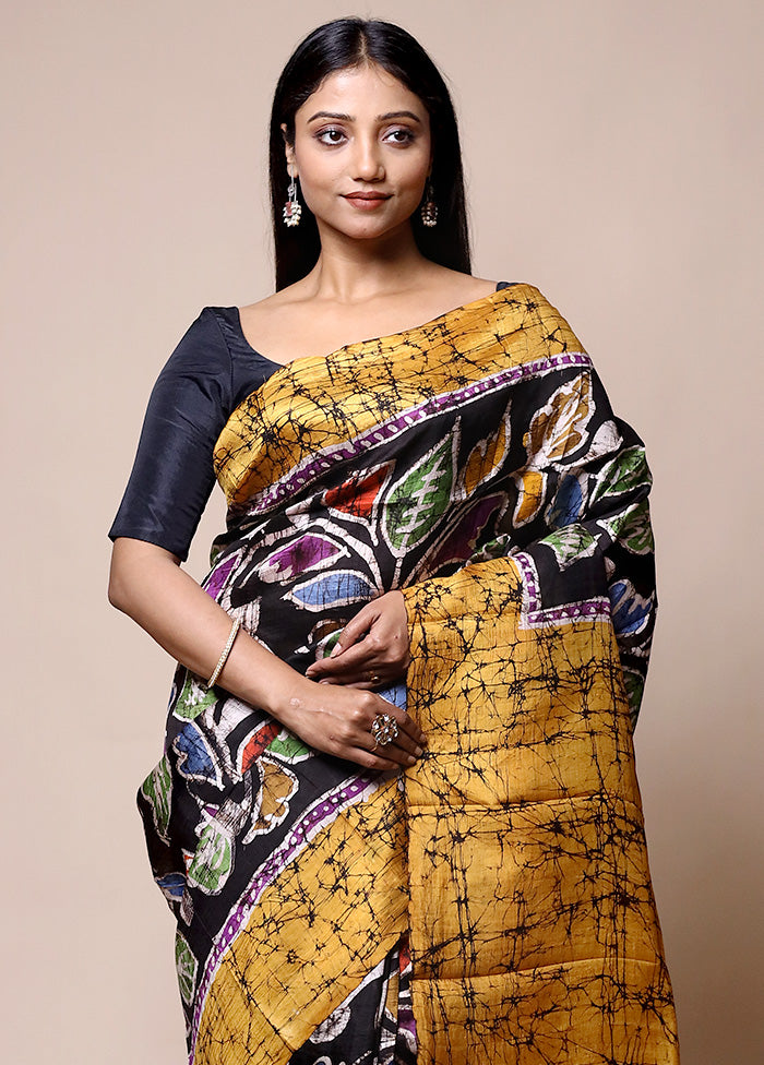 Yellow Printed Pure Silk Saree Without Blouse Piece