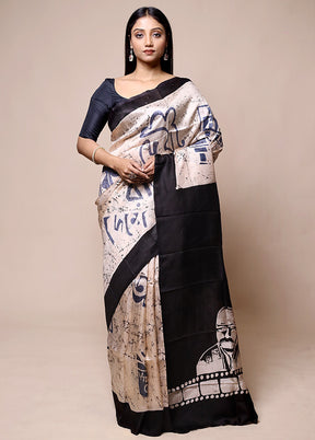 Cream Printed Pure Silk Saree Without Blouse Piece