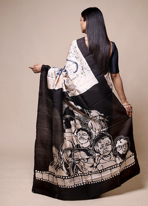 Cream Printed Pure Silk Saree Without Blouse Piece